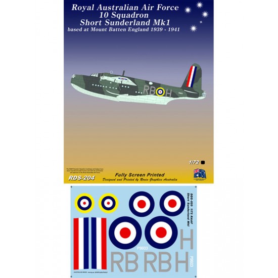 Decals for 1/72 Royal Australian Air Force 10 Squadron Short Sunderland Mk1