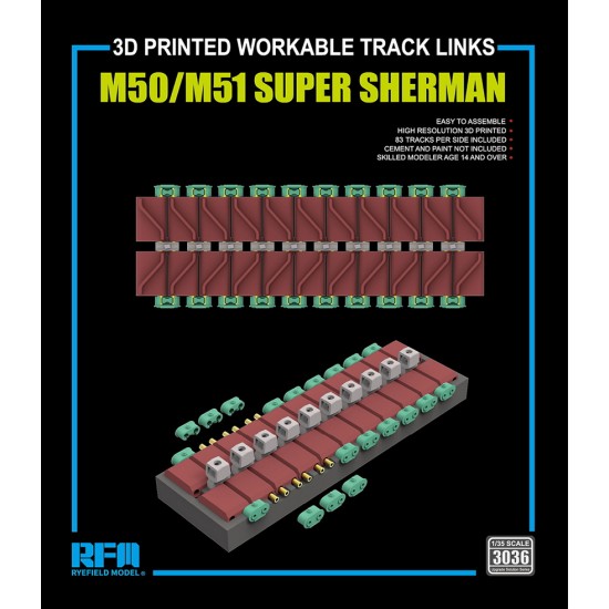 30363d 1/35 M50/M51 SUPER SHERMAN 3D Printed Workable Track Links Rye Field ...