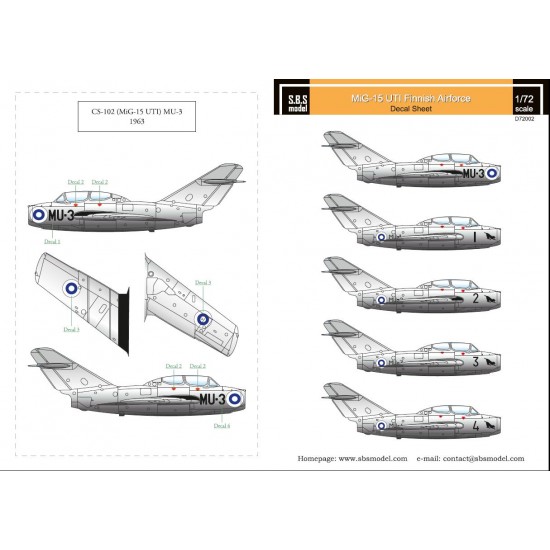 1/72 Finnish Air Force Mikoyan MiG-15UTI Decals for Eduard/Hobby Boss kit