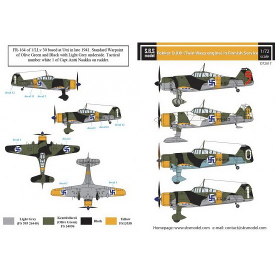 1/72 Fokker D.XXI (Twin-Wasp Engine) in Finnish Service Decals