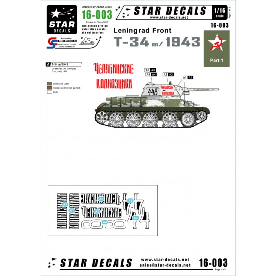 1/16 Decals for T-34 Model 1943 Leningrad on Front Early