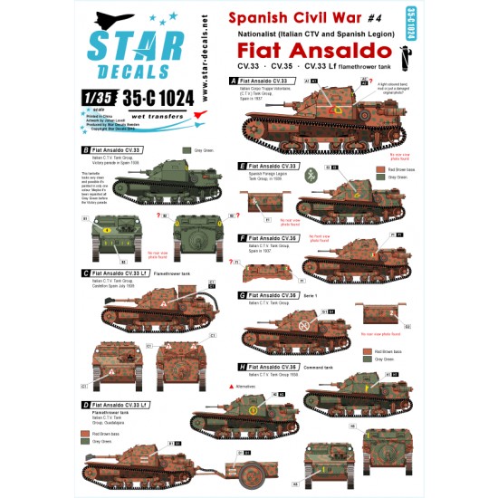 1/35 Decals for Spanish Civil War #4 - Fiat Ansaldo CV.33, CV.35, CV.33 Lf Flamethrower