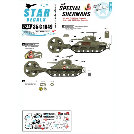 1/35 Decals for US Special Shermans - Aunt Jemima and Crazy Crusher Mine Exploder Tanks
