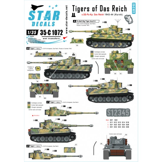 1/35 Decals for Tigers of Das Reich s.SS-Pz-Kp. Das Reich 1943-1944 (Kursk and beyond)