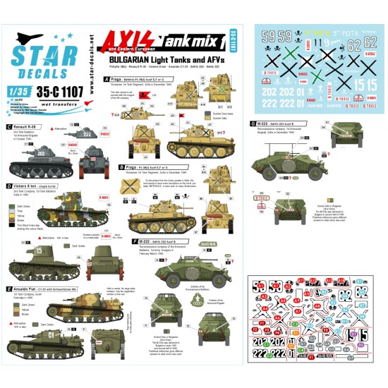 Decals for 1/35 Bulgarian Axis & Eastern European Light Tanks & AFVs Mix Set Vol.1 