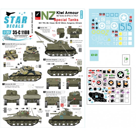 Decals for 1/35 New Zealand Kiwi Armour Vol.1 Special Tanks & AFVs in Italy
