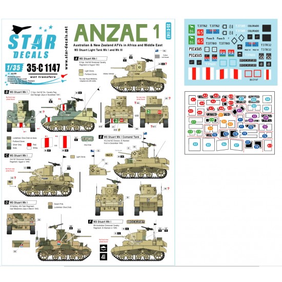Decals for 1/35 ANZAC #1 - Australian & NZ AFVs M3 Stuart Light Tanks in Mid-East & Africa