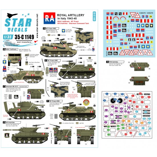 Decals for 1/35 Royal Artillery in Italy 43-45: M7, M3, Sherman, M10 Achilles