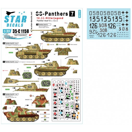 Decals for 1/35 SS Panthers #7 - 12 SS-Hitlerjugend Panther Ausf G of 12 SS-HJ 1944