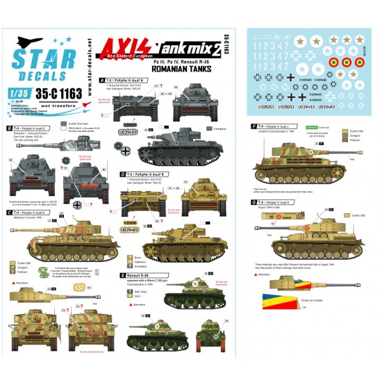 Decals for 1/35 Axis Mix #2 - WWII Romanian Tanks Pz III Ausf N, Pz IV Ausf G/H/J & R-35