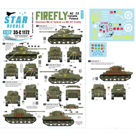 Decals for 1/35 Sherman Firefly - Mk IC Hybrid & VC (Canada, Poland, NZ & Czechoslovakia)