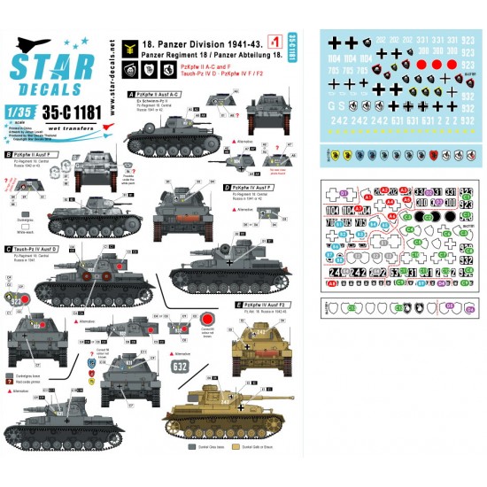 Decals for 1/35 18 Panzer Division #1 1941-43 Pz II A-C and F, Tauch-Pz IV, Pz IV F / F2
