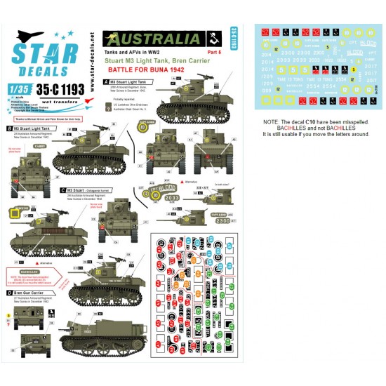 Decals for 1/35 Australia #5 Battle of Buna 1942 Stuart M3 Light Tank, Bren Carrier AFVs