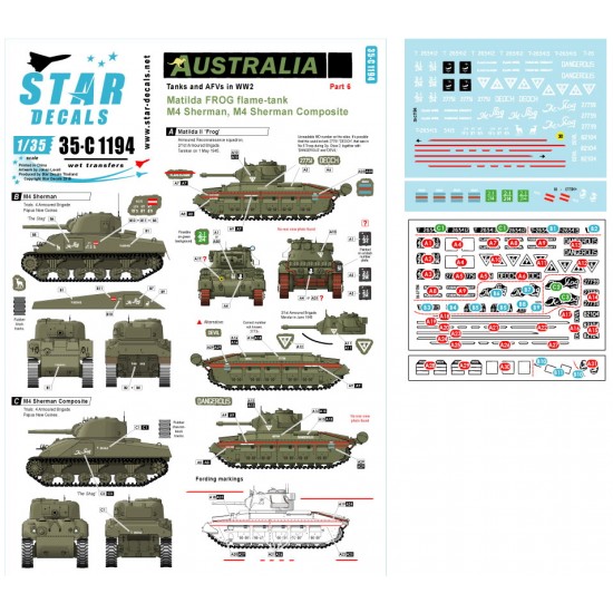 Decals for 1/35 Australia #6 Matilda Frog Flame Tank, M4 Sherman and Composite