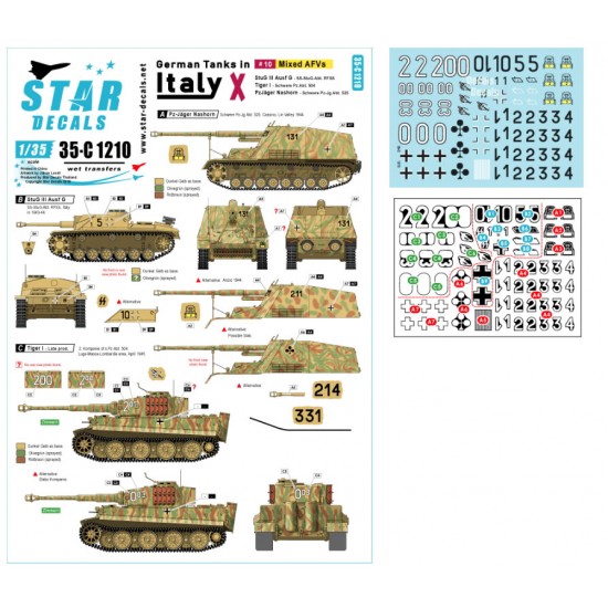 Decals for 1/35 German Tanks in Italy #10. StuG II Ausf G, Tiger I Late, Pz.Jager Nashorn