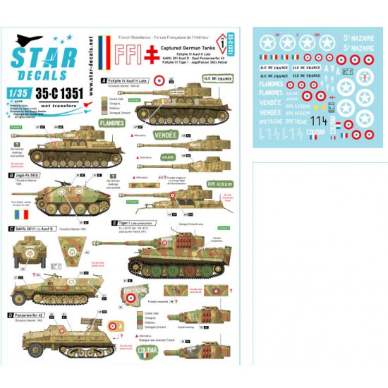 Decal for 1/35 FFI # 1. Captured German Tanks. PzKpfw IV H Late , SdKfz 251 D, Tiger I