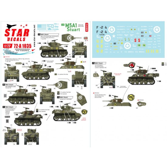 Decals for 1/72 US M5A1 Stuart. 75th-D-Day-Special.Normandy and France in 1944