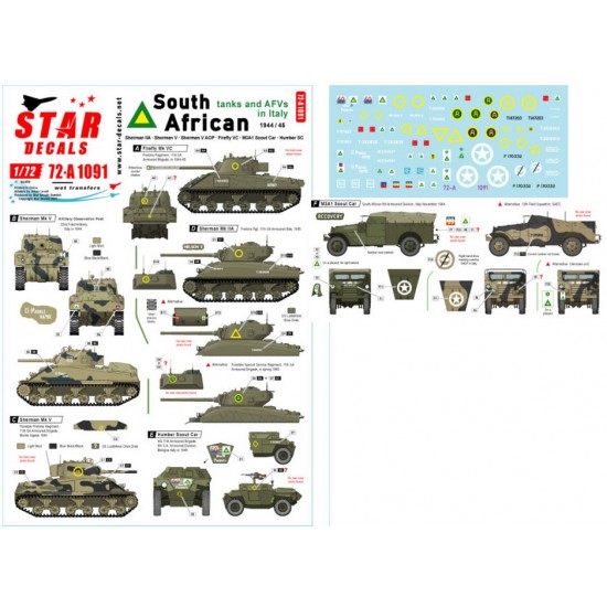 Decals for 1/72 SA Tanks & AFVs in Italy. South African Sherman IIA/V, Firefly VC