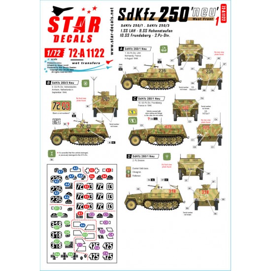 Decals for 1/72 SdKfz 250 'neu' #1 West-front markings (#STAR-72-A1122 ...