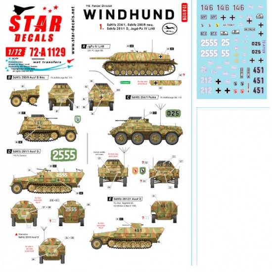 Decals for 1/72 Windhund #1. 116. Pz Division SdKfz 234/1, 250/9 neu, 251/1 D