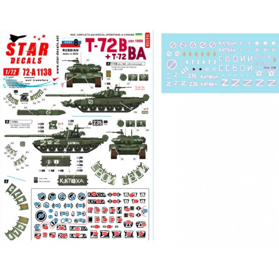 Decals for 1/72 War in Ukraine # 8. Russian T-72B (obr 1989) and T-72BA in 2022