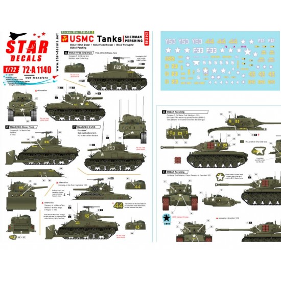 Decals for 1/72 Korean War # 1. USMC Sherman, Pershing. M4A3 105mm Dozer, M4A3, M26A1