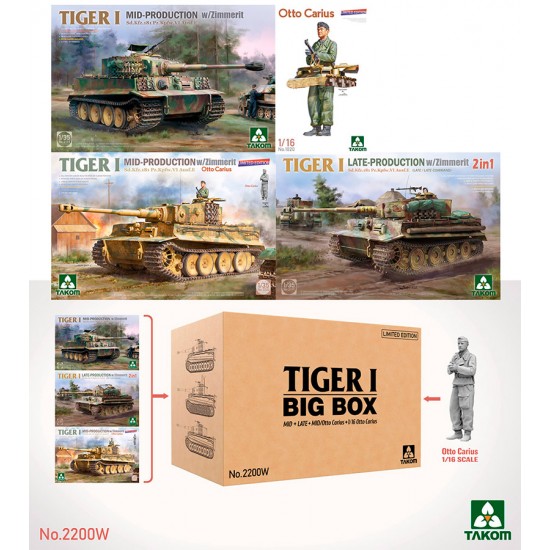 1/35 Tiger I Big Box: Mid, Late & Mid/Otto Carius w/ 1/16 Figure [Limited Edition]