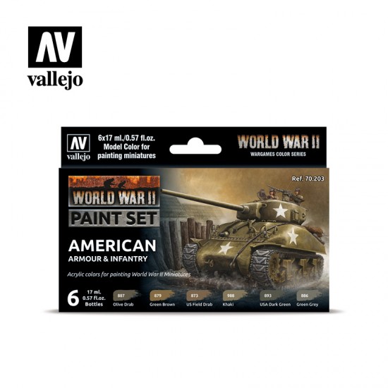 Acrylic Model Colour Paint Set - WWII American Armour & Infantry (6 x 17ml)