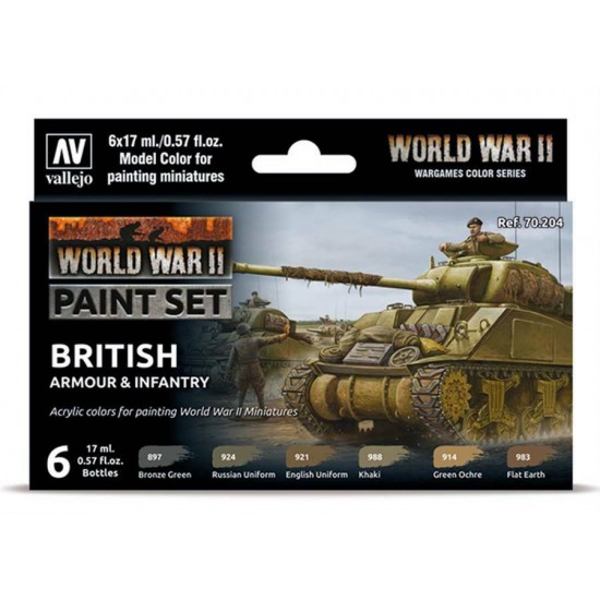 Acrylic Model Colour Paint Set - WWII British Armour & Infantry (6 x 17ml)