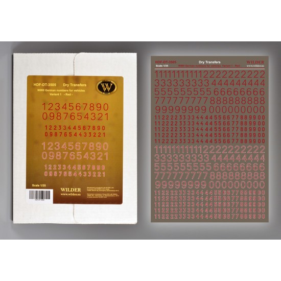 1/35 Dry Transfer - WWII German Numbers for Vehicles Variant 1 (Red)