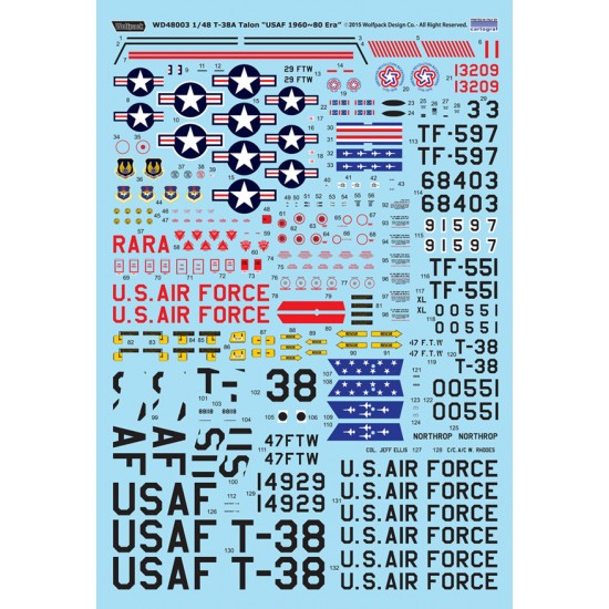 1/48 USAF Northrop T-38A Talon 1960-1980 Era Decals for Wolfpack Design kit