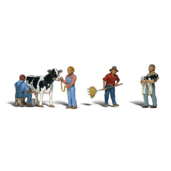 HO Scale Dairy Farmers (3 men, 1 woman, 1 Holstein cow)