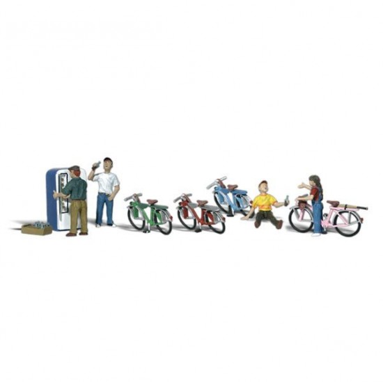 HO Scale Bicycle Buddies (4 kids, bikes, old pop machine)