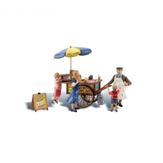 HO Scale Wally's Wiener Wagon (4 figures, wagon, menu board, cream pail)