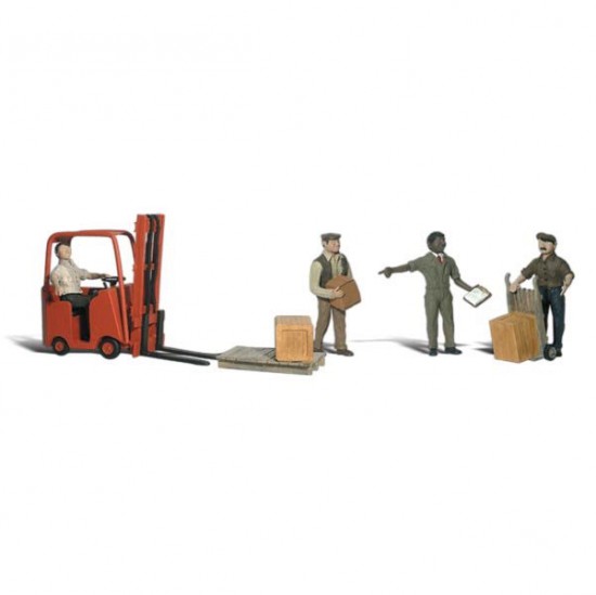 N Scale Workers with Forklift (4 men, forklift, crates)