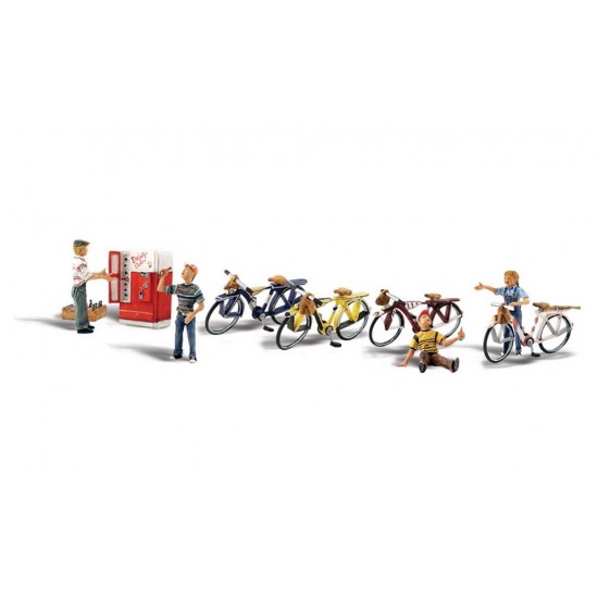 O Scale Bicycle Buddies (4 kids, bikes, old pop machine)
