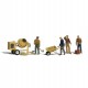 HO Scale Masonry Workers (4 figures, wheelbarrow, cement mixer)
